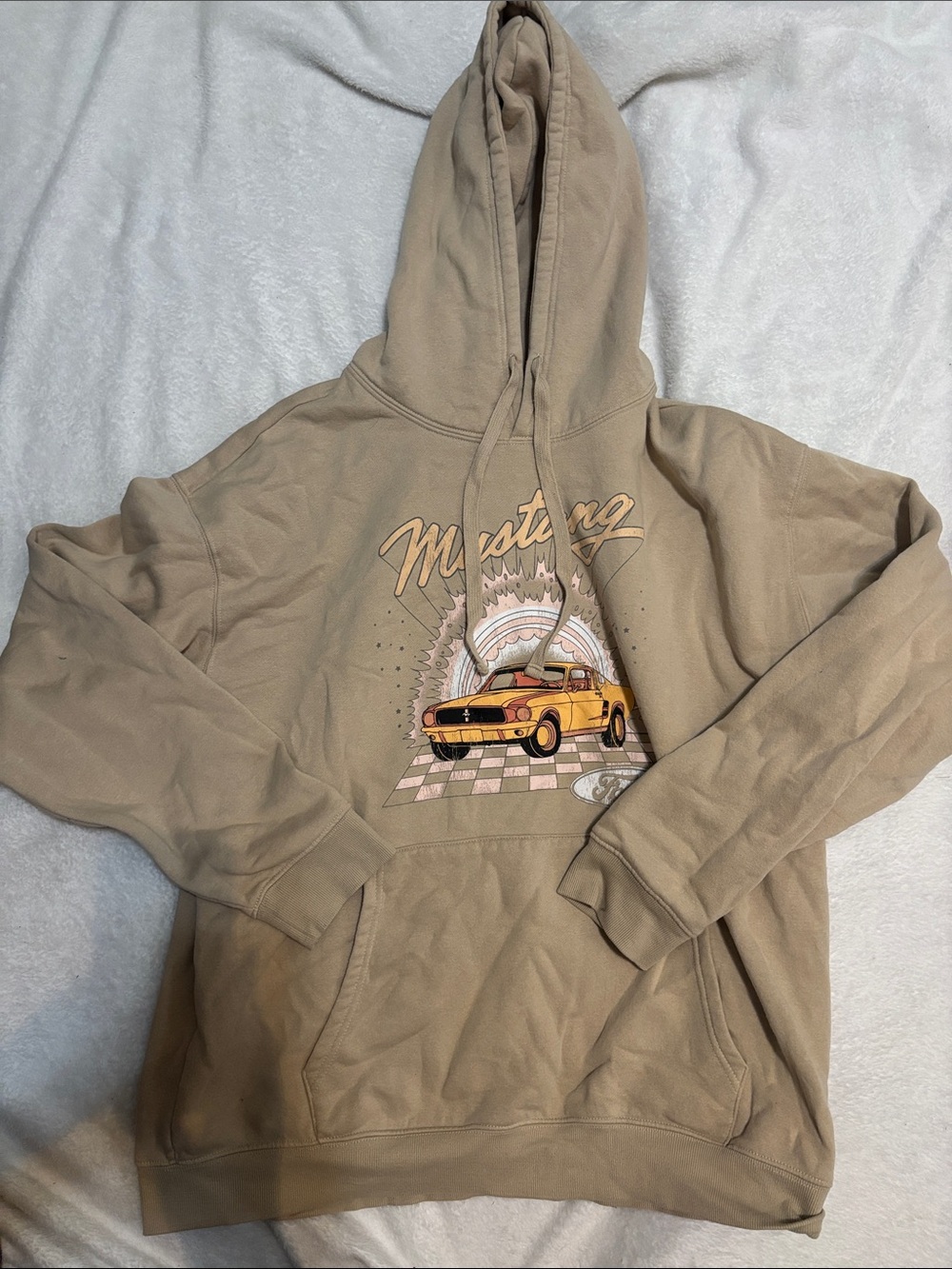Ford Mustang Beige Hoodie with Yellow Car Graphic